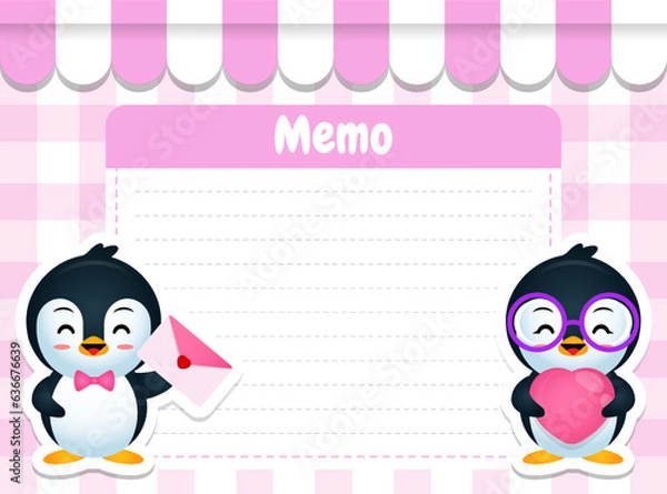 Fototapeta Cartoon Loving Penguin Paper Memo Pads Note Template