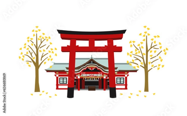 Obraz 秋の銀杏と神社のイラスト　赤い鳥居