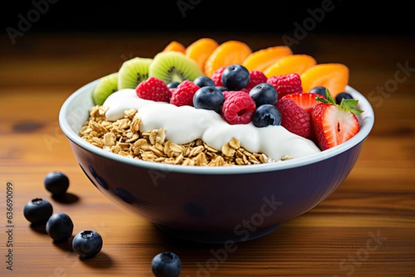 Obraz A  bowl with an assortment of fresh, ripe fruit, including strawberries, blueberries, raspberries, mango, kiwi and grapes, with a spoonful of Greek yogurt and a sprinkle of granola, 