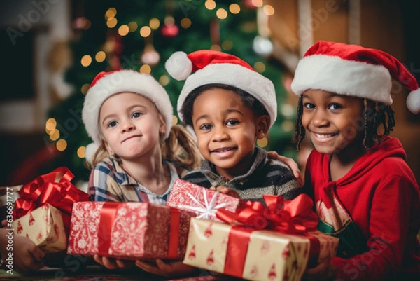 Fototapeta Group portrait of diverse kids in santa hats with gift boxes during Christmas holidays looking at camera.