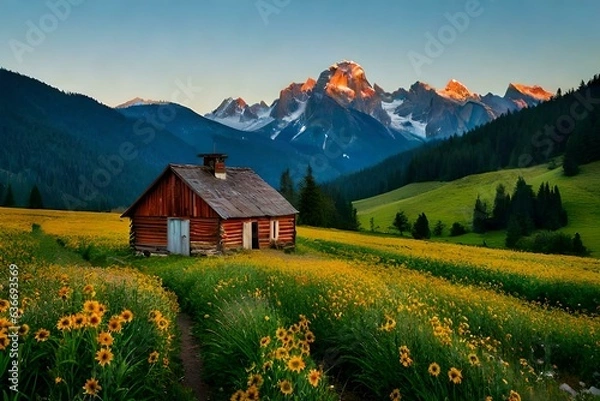 Fototapeta An enchanting house sits in the midst of a sprawling field - AI Generative