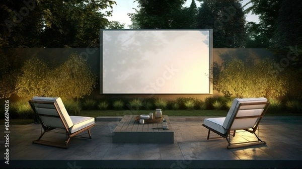 Fototapeta Open-Air Cinema Experience: Projector, Large Screen & Relaxing Loungers, outdoor design, patio, generative Ai