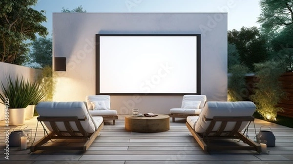 Fototapeta Open-Air Cinema Experience: Projector, Large Screen & Relaxing Loungers, outdoor design, patio, generative Ai