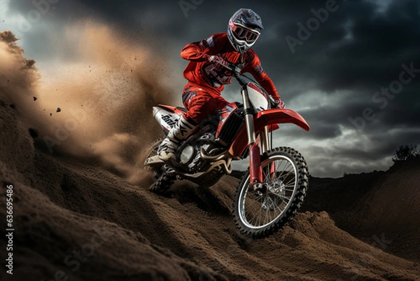 Fototapeta Created using generative AI image of rider driving in extremely risky motocross race on a dirt sandy track