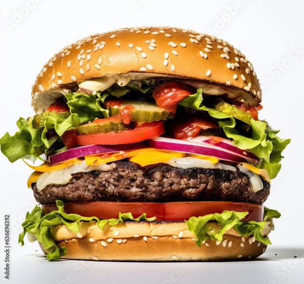 Fototapeta The perfect hamburger with cheese, bacon, pickles, tomato, onions and lettuce. Created with Generative AI