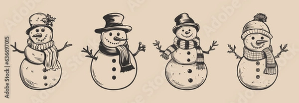 Fototapeta Set of vintage retro snowman snowflakes character with hat and carrot and scarf. Merry christmas xmas new year holiday halloween poster. Graphic Art. Engraving vector illustration