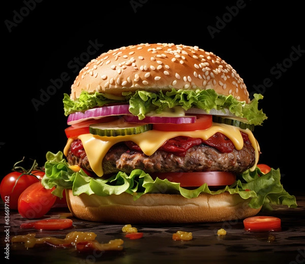 Fototapeta The perfect hamburger with cheese, bacon, pickles, tomato, onions and lettuce. Created with Generative AI