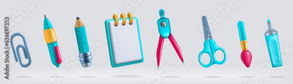 Fototapeta 3D school pencils. Study or education elements. Stationery tools. Pen and scissors. Paper notebook. Highlighter marker. Plastic paintbrush. Clip and compass. Vector render objects set