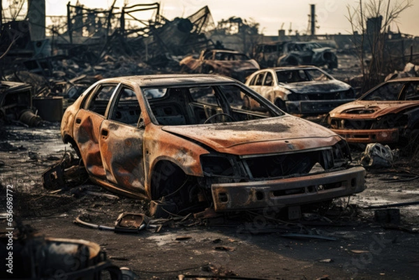Fototapeta Desolated, Shattered Car Junkyard With Rusted Hulks Scattered