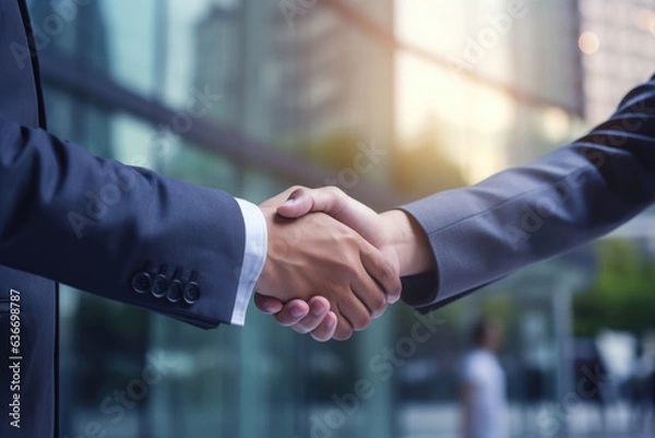Obraz Businessmen Do Handshake With Partner In Front Of Defocused Business Center