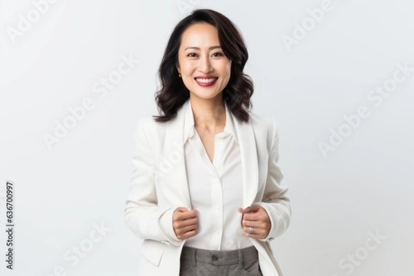 Fototapeta Medium shot portrait of a Chinese woman in her 30s in a white background wearing a chic cardigan