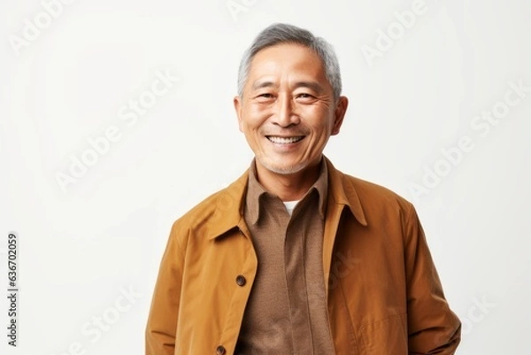 Fototapeta Portrait of a smiling senior asian man looking at camera over white background