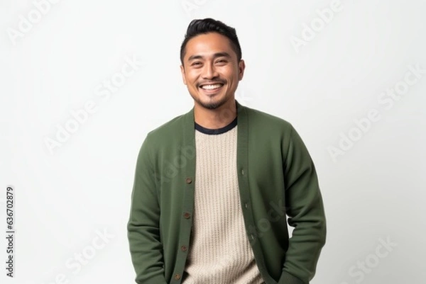 Fototapeta Lifestyle portrait of a Indonesian man in his 30s in a white background wearing a chic cardigan
