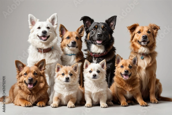 Fototapeta Group portrait of dogs of various shapes, sizes, and breeds. Stray pets with happy expression waiting for adoption. generative AI