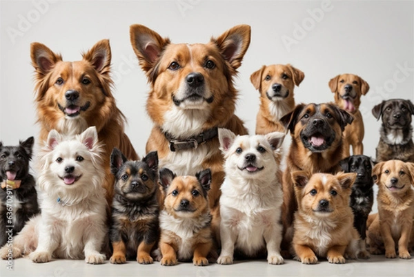 Fototapeta Group portrait of dogs of various shapes, sizes, and breeds. Stray pets with happy expression waiting for adoption. generative AI