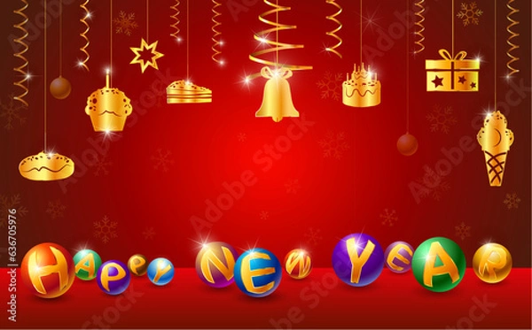 Fototapeta Festive illustration of Christmas and New Year decorated with golden icons and text on ball isolated on red background.