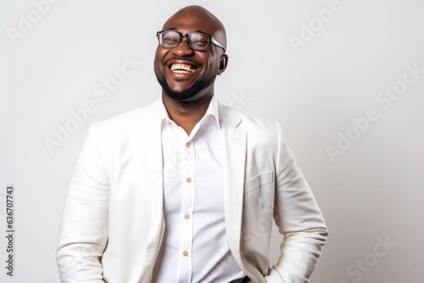 Fototapeta Lifestyle portrait of a Nigerian man in his 40s in a white background wearing a chic cardigan