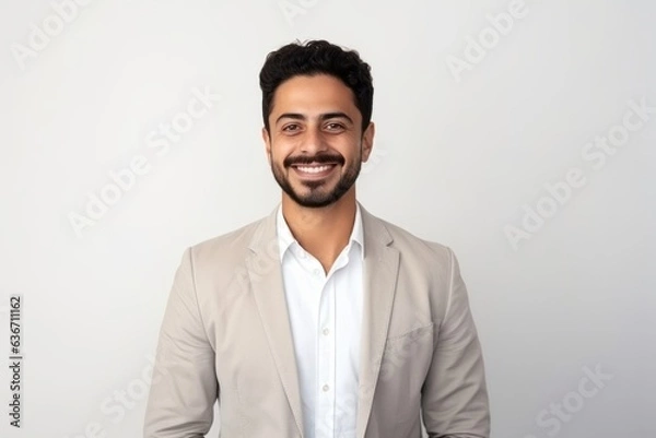 Fototapeta Portrait of a young Indian businessman smiling at camera isolated on a white background