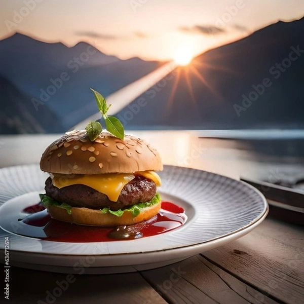 Obraz hamburger on a plate garneted by AI