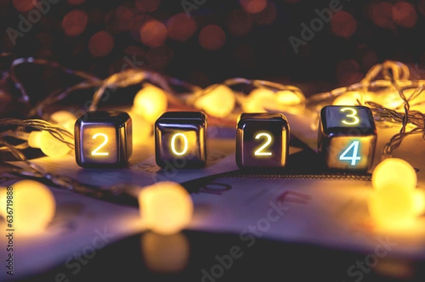 Fototapeta happy new year 2024 concept banner, flip calendar numbers 2023 to 2024 on steel cube blocks isolated on bokeh lights background.