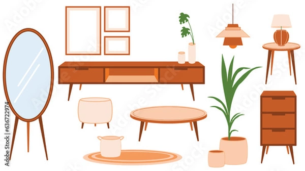 Fototapeta cute elements of scandinavian minimalist living room vector illustration set