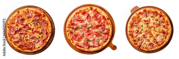 Obraz Isolated close up of hot ham pizza on a wooden board from a top view