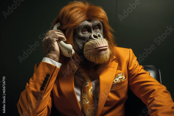 Fototapeta Art & Illustration,An orangutan, given a three-piece suit, says on the phone it's in the shape of a banana,Generate Aİ