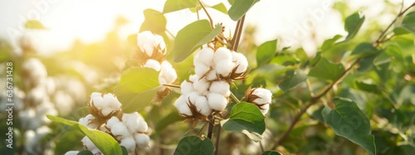 Fototapeta Ripe cotton with white fiber growing on a plantation, copy space. Created using generative AI technology.