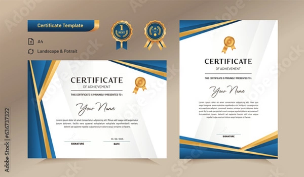 Fototapeta Blue and gold certificate of achievement template. For award, business, and education needs. Vector Illustration