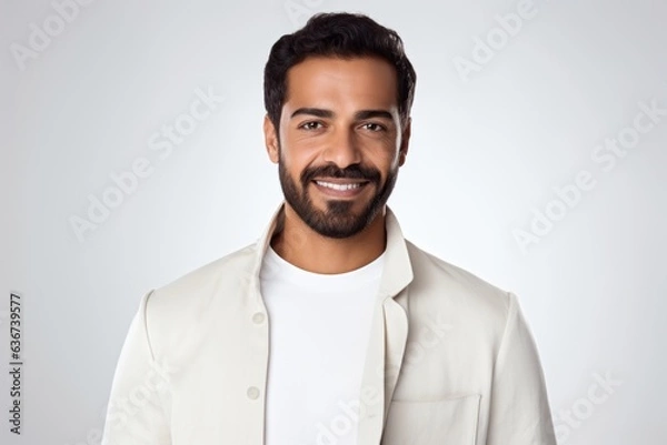Fototapeta Portrait of a Saudi Arabian man in his 30s in a white background wearing a chic cardigan