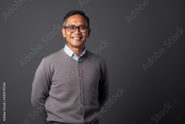 Fototapeta Portrait of a happy asian man in eyeglasses against grey background