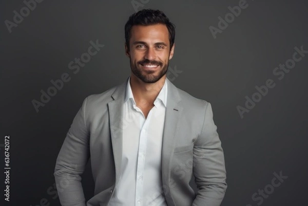 Fototapeta Portrait of a handsome young businessman smiling at camera while standing against grey background