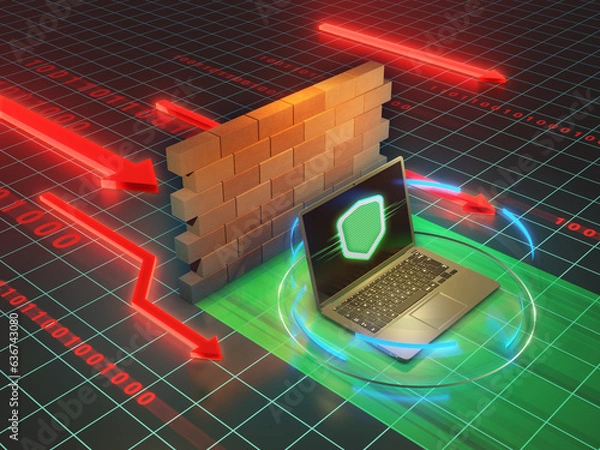 Fototapeta Firewall protecting a laptop from cyber attacks