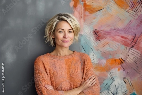 Fototapeta Portrait of a Russian woman in her 40s in an abstract background wearing a cozy sweater