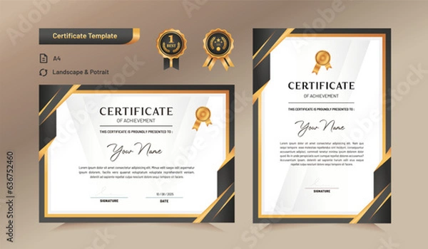 Obraz Black and gold certificate of achievement template set with black badge and border. For award, business, and education needs. Vector Illustration