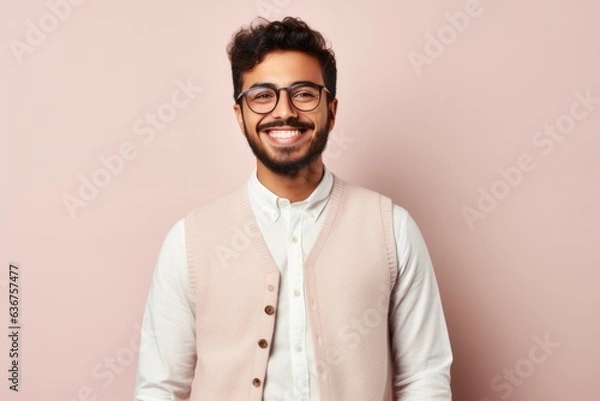 Fototapeta Portrait of a Saudi Arabian man in his 20s in a pastel or soft colors background wearing a chic cardigan