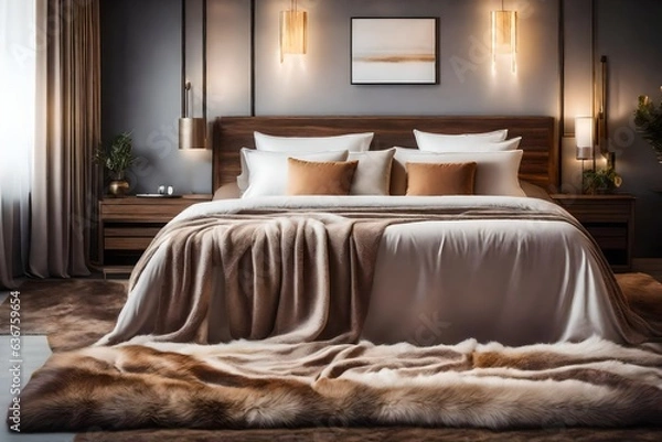 Fototapeta Comfortable bedroom with large bed with blankets and fur