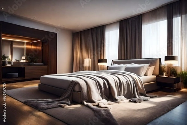 Fototapeta Comfortable bedroom with large bed with blankets and fur