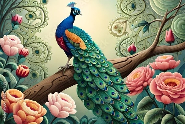 Fototapeta peacock on the tree generated AI