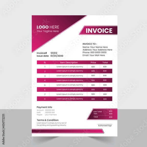 Fototapeta a bundle of 1 templates of different colors a4 Invoice  template, modern businessInvoice template, 
abstract business invoice and creative design, IT company invoice and editable vector template