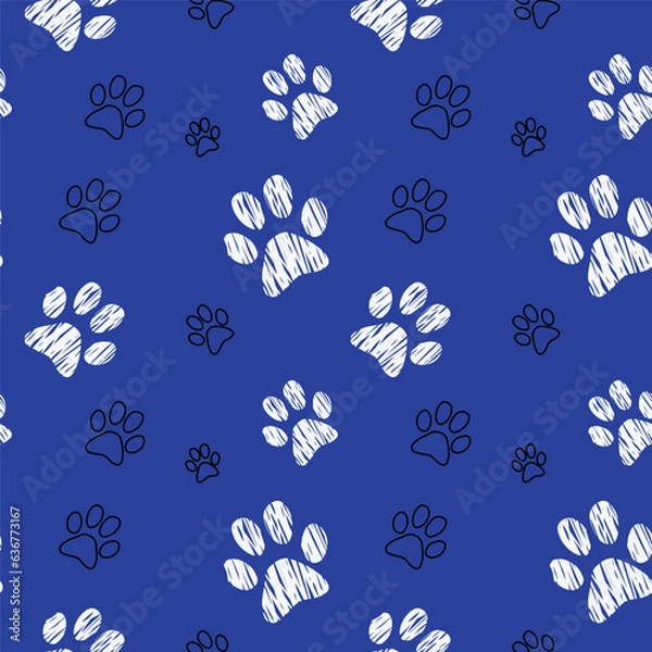 Fototapeta Canine Paws Grouped in Print Shape with Seamless Pattern. Art with pet symbols in black and white colors with a texture of doodles, posted on a blue background.
