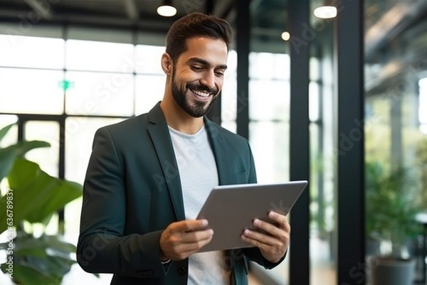Fototapeta Happy young business man executive holding pad computer at work. Male professional employee using digital tablet fintech device standing in office checking financial online market data