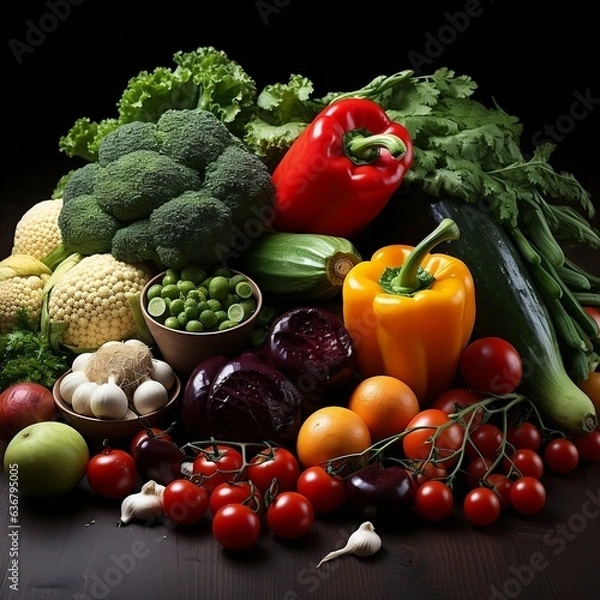 Fototapeta Composition with assorted organic vegetables and fruits. -