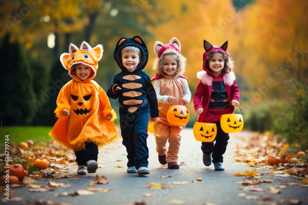 Fototapeta Kids trick or treat in Halloween costume. Happy Halloween. running kids with a basket for sweets