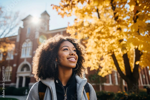 Fototapeta Portrait of a smiling young black female student on colledge campus in the fall, ready to start school year, generative AI