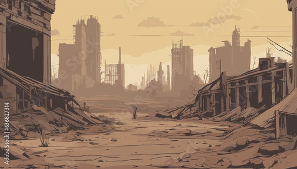 Fototapeta background image depicting a post-apocalyptic wasteland, with crumbling buildings, overgrown vegetation, and hints of a once thriving civilization. Vector illustration