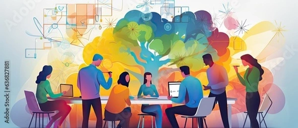 Fototapeta colorful creative agency business brain storm meeting people with icon line presentation young people team discussing roadmap, Generative ai