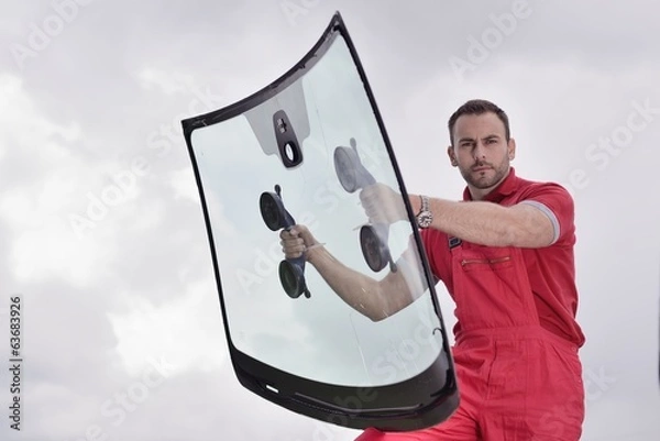 Fototapeta mechanic holding windshield