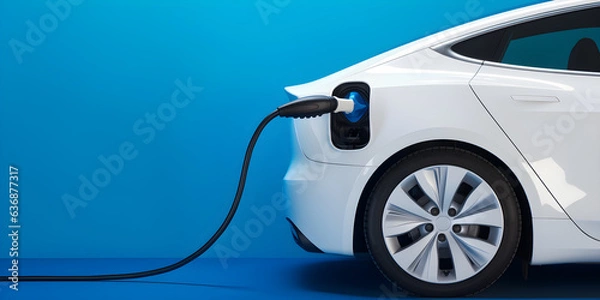 Fototapeta close up of white electric car connected to charger on blue background with copy space