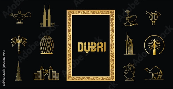 Obraz Dubai Gold Line Icon style building in Dubai palm jumeirah vector The dubai fountain jumeirah mosque Atlantis the Palm dubai frame dubai camel illustration